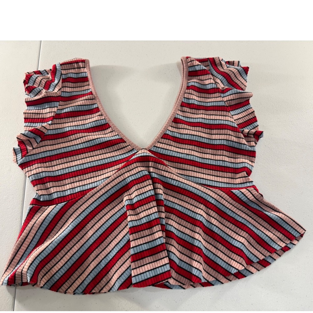 Wild Fable Striped Ruffle Sleeve V-Neck Peplum Crop Top XS Red Blue Pink